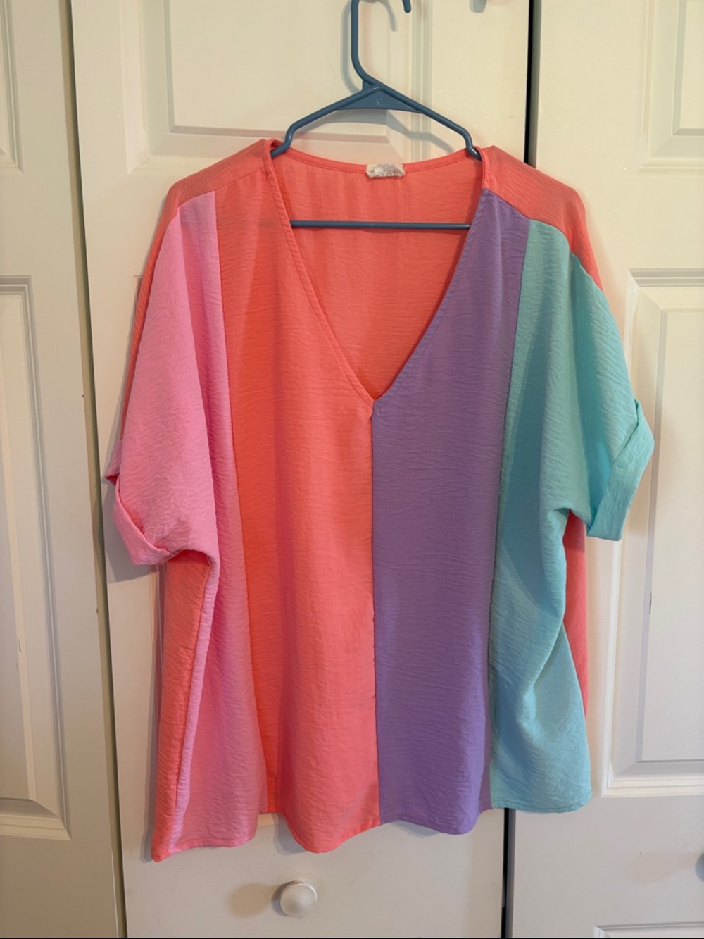 Bibi Colorblock V-Neck Women's Top in Coral, Lavender & Mint - XL